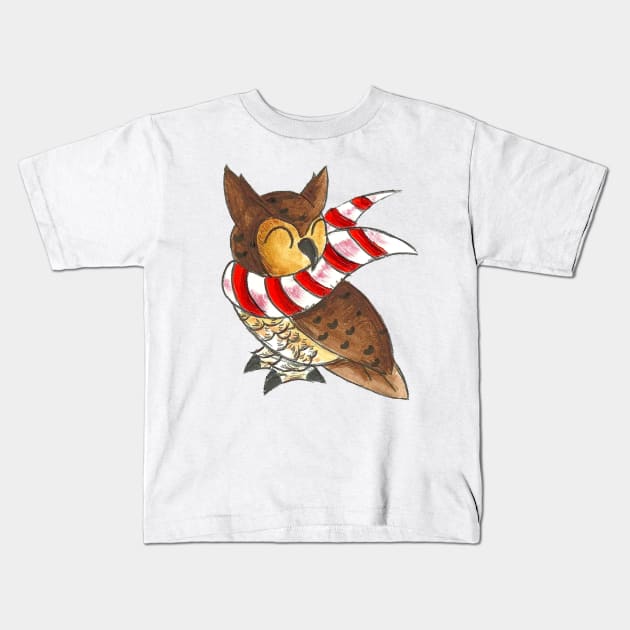 Cozy Christmas Owl Kids T-Shirt by KristenOKeefeArt